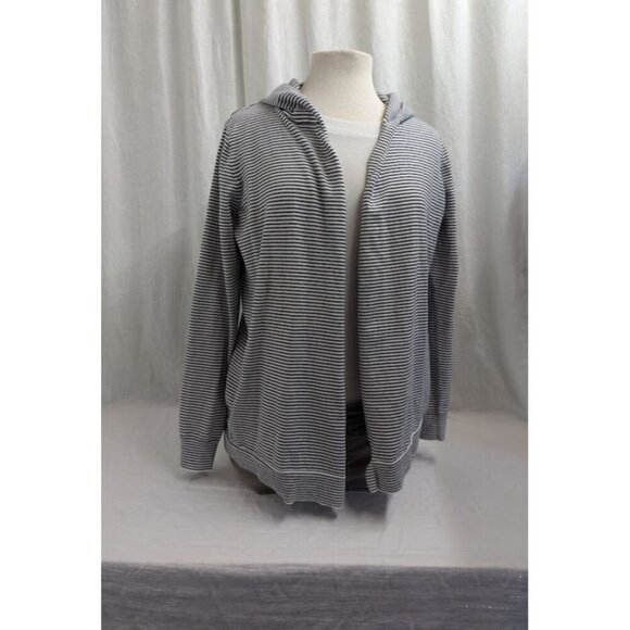 Loft Women Sz Medium Black White Cardigan Sweater Hooded Striped Thin Knit J12 - Picture 2 of 7